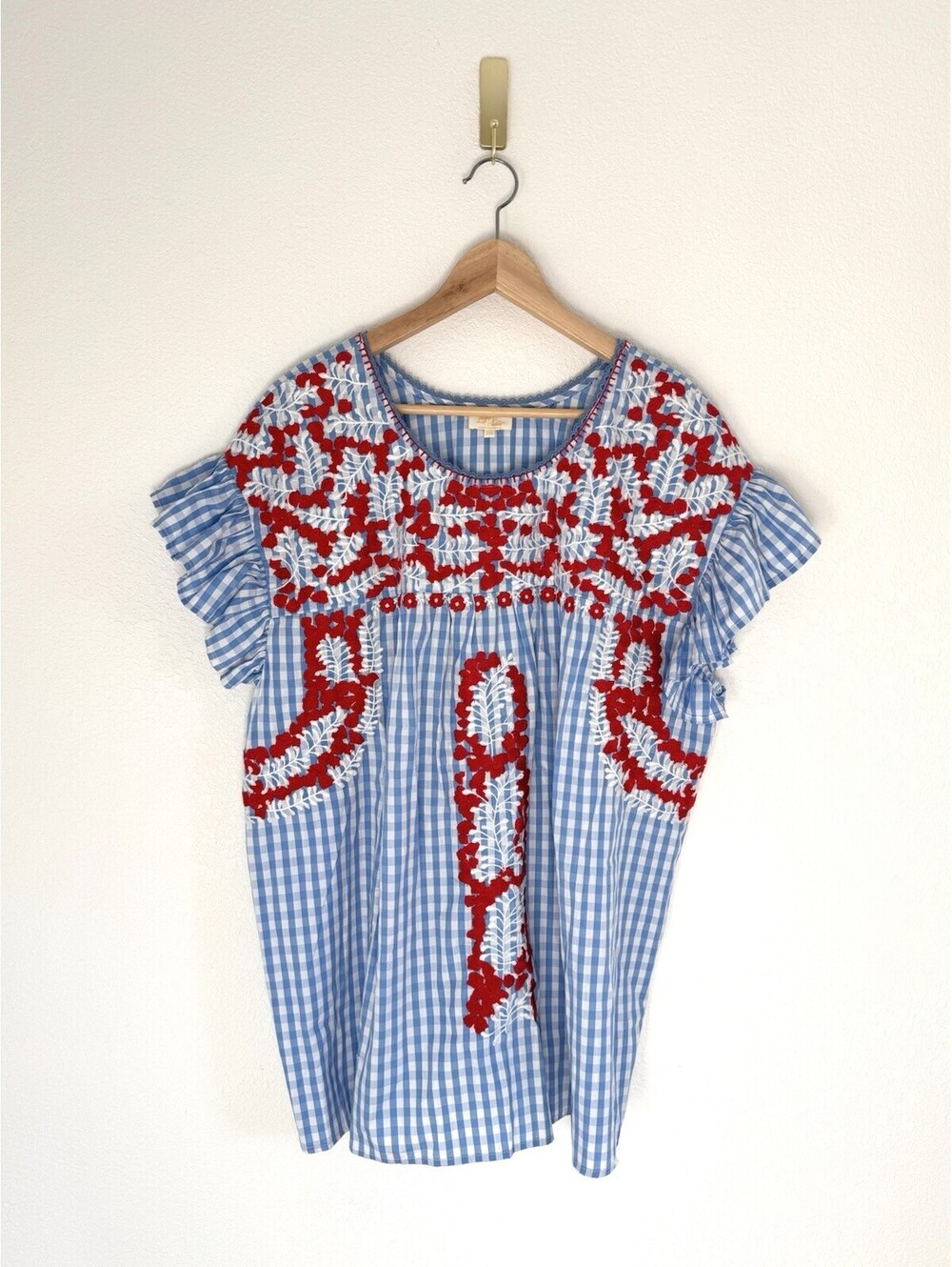 Layerz Clothing Embroidered Gingham Mexican Style Boho Prairie Top Women’s 2XL